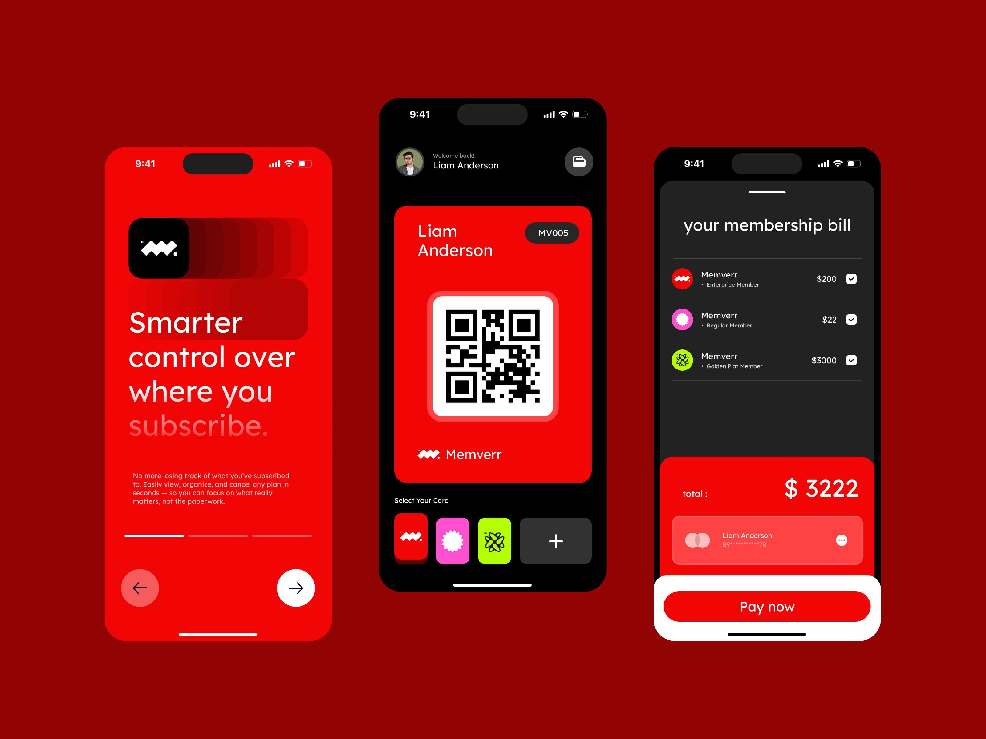 An early Memverr concept: a native phone app members would install, showing a subscription list, a digital membership card with QR code, and a bill screen, all in English and US dollars
