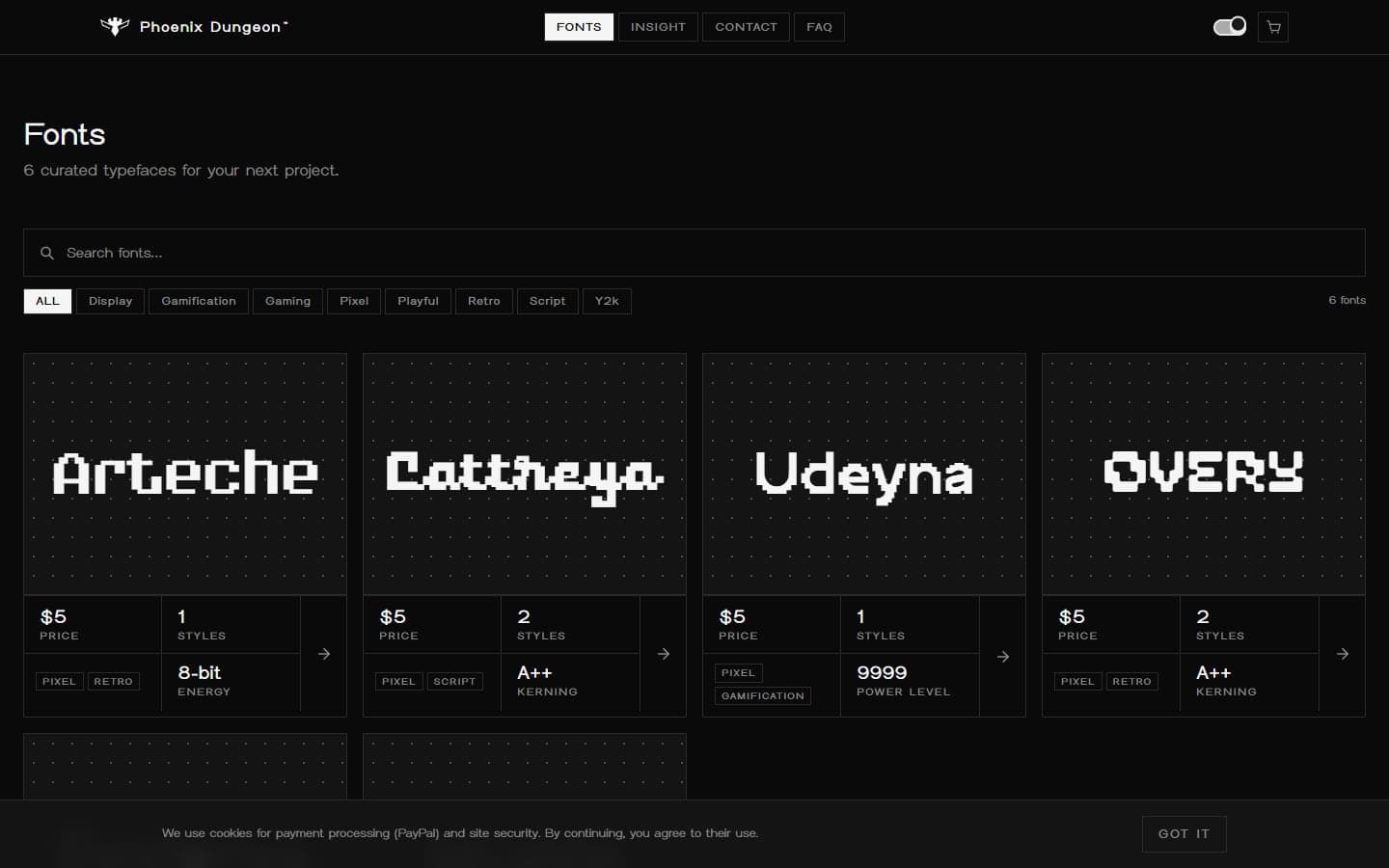 The Phoenix Dungeon catalog with pixel typefaces in a grid