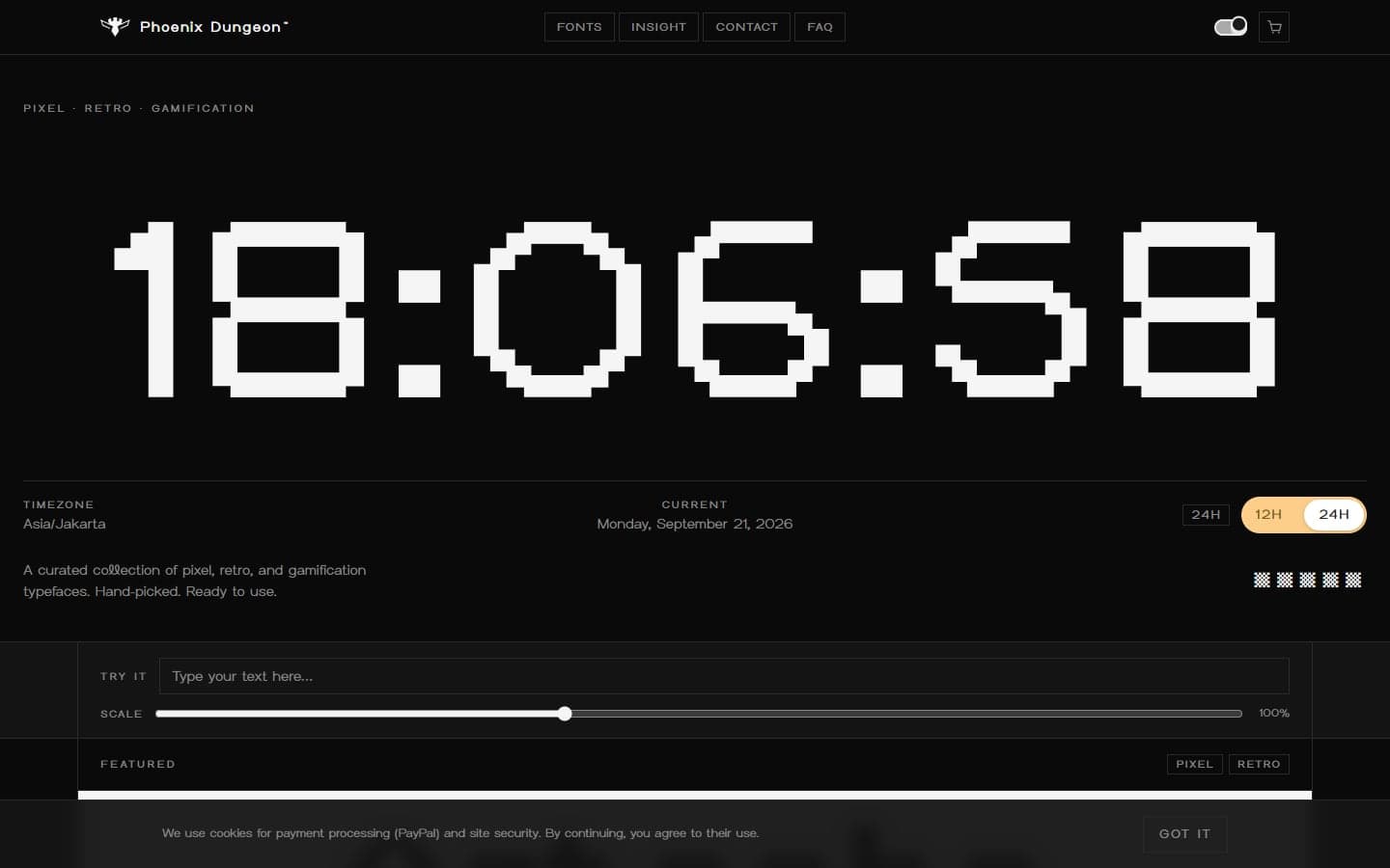 The Phoenix Dungeon homepage, a giant live clock set in a pixel typeface