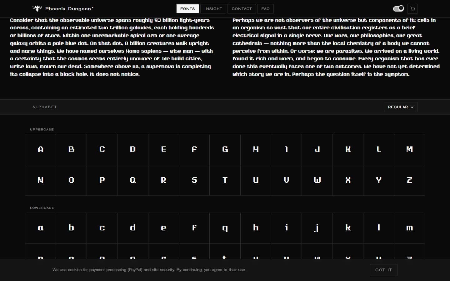 The type tester and alphabet grid on a specimen page